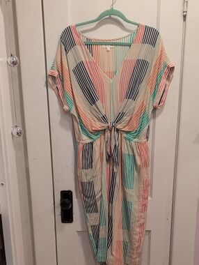 Lou & Gray for Loft Striped Tie-Front V-Neck Women's Dress in Coral, Mint & Navy